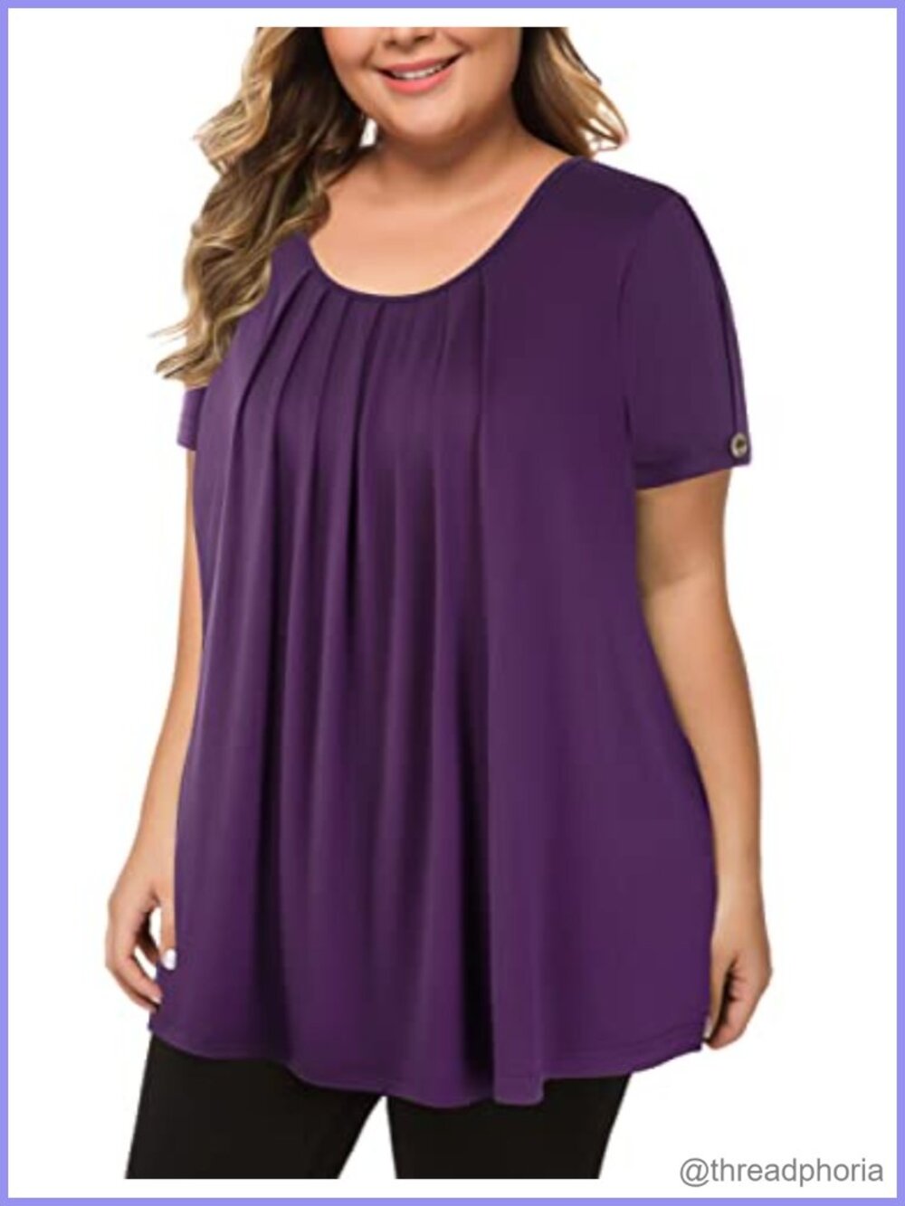 Plus Size Tunic Top Short Sleeve Pleated Scoop Neck Flowy Blouse